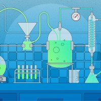 Illustration of a chemistry lab setup with interconnected glassware and tubing. Beakers, flasks, test tubes, and a large central reaction vessel contain glowing green and blue liquids. A pressure gauge, condenser coil, funnels, and heating plates appear along a blue tiled lab wall, with fluids flowing through tubes between the containers.